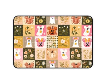 Patchwork Minnie Ghost and Pumpkins Halloween Mouse Desk Mat | Pumpkin Floral Fall Patch Design Deskmat for Disney Fan