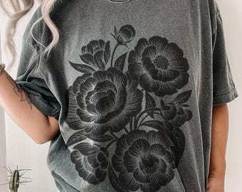 Bloemenshirt in vintagestijl, T-shirt met bloemen, T-shirt met bloemenprint, T-shirt tuinieren, T-shirt lentebloem, Moederdagcadeau, shirt natuurkunst