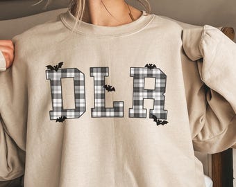 Halloween Black Plaid DLR initials with Black Mickey Bats Crewneck Sweatshirt for Disneyland Vacation