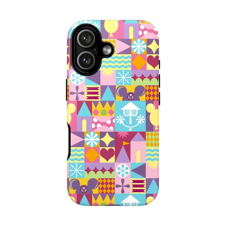 Retro Disneyland phone case with geometric shapes and whimsical mid-century design
