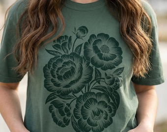 T-shirt bloemen linosnede, T-shirt botanische bloem, vintage stijl bloemenshirt, lentebloem T-shirt, Moederdagcadeau, shirt natuurkunst