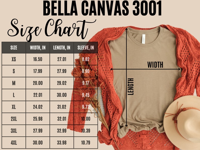 May include: Size chart for Bella Canvas 3001 t-shirts, showing measurements in inches for width, length, and sleeve length for sizes XS to 4XL.