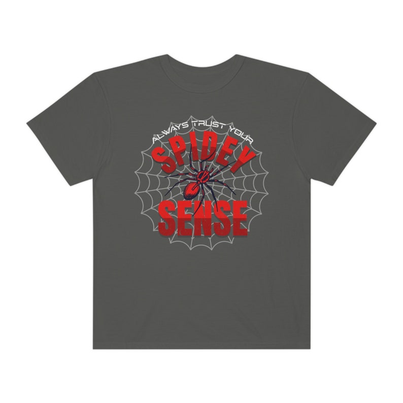 May include: A dark gray t-shirt with a white spider web design and the text "Always Trust Your Spidey Sense" in red and blue letters.