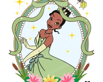 May include: An illustration of a princess in a green dress, framed by a green ribbon and a pearl-lined oval. The princess is smiling, with a small insect flying nearby. The image includes the text "Pixie Pop Designs Original."