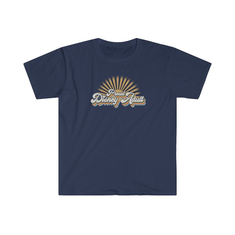 May include: A navy blue t-shirt with a retro-style graphic that says "Proud Disney Adult" with a sunburst behind the text.