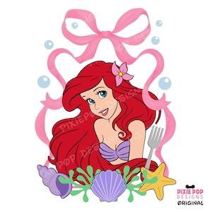 Ariel PNG, Little Mermaid Coquette Bow Download digitale, Princess Png artwork, Ariel Ribbon File digitale per magliette e stampa a sublimazione