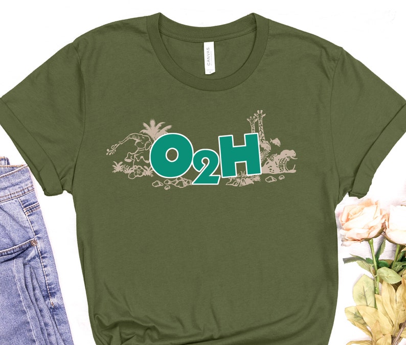 May include: Green t-shirt with a graphic of animals and the text "O2H" in green.