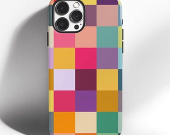 Colorful Checkers Tough Phone Case  iPhone 16 15 14 13 12 Pro Max - Minimalist Design Bold Aesthetic Trendy Durable Modern Bright Colors