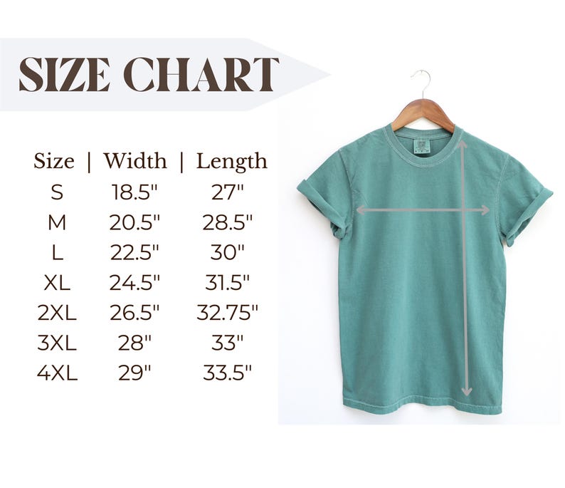 May include: A seafoam green t-shirt hangs on a wooden hanger. The image includes a size chart with measurements in inches for sizes S through 4XL. The chart lists width and length measurements for each size.