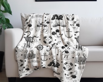 Vintage Mickey Steamboat Willie Velveteen Blanket, Disney Throw, Cozy Black and White Two-sided Print Mickey Blanket for Kids Bedroom Decor,