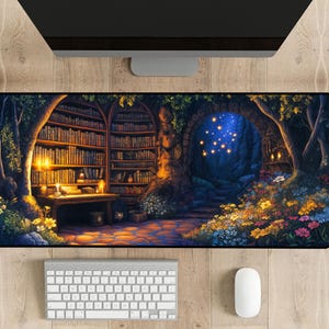 Fantasy Desk Mat - Mystical Library Mouse Pad, Bookish Deskmat, Dark Academia Mousepad, Cottagecore Playmat, Enchanted Forest