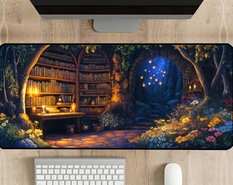 May include: A large rectangular mousepad featuring a fantasy scene of a library and a magical forest. The design includes bookshelves, a table with candles, and a glowing portal. The color palette is rich with blues, greens, and warm yellows.