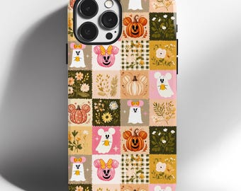 Minnie Halloween Ghosts and Mickey Pumpkins Patchwork Phone Case | Cute Fall Pink and Orange Phone Case for Disney Fan