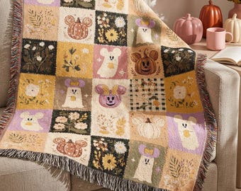 Pink and Orange Minnie Ghosts and Pumpkins Halloween Woven Blanket | Patchwork Style Cotton Woven Autumn Throw for Disney Fan