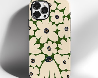 Stoer iPhone-hoesje Vintage madeliefjeprint in groen en wit, slagvast voor stijl en dagelijks gebruik, vrouwelijk bloemdessin
