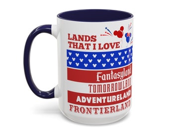 Taza de café con temática de Lands That I Love Disneyland del 4 de julio (15 oz), taza de café de Mickey del 4 de julio, regalo para fanáticos de Disneyland