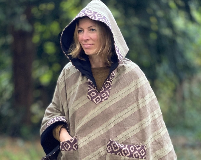 Hooded poncho fleece lining block print large & warm >>> 3 color variations >> JUNGLE >> FestivalEthnoGypsyFreak