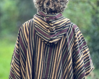 Grote poncho met capuchon Gheri >>> 2 kleuren goud kastanjebruin en aarde >> JUNGLE - festivalkleding, zigeuner, etnische stijl, freak, goochelaar