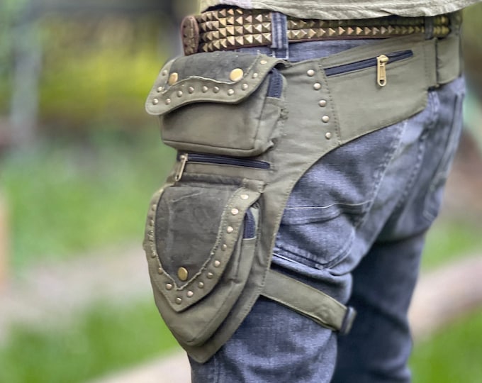 Rivet bag with leg holster >>> 2 colors >> Holster bag, Festival Utility Belt with leg strap, JUNGLE, Psy Trance, Festival Clothing