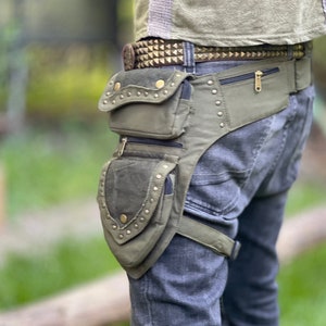 Rivet bag with leg holster >>> 2 colors >> Holster bag, Festival Utility Belt with Leg Strap, JUNGLE, Psy Trance, Festival Clothing