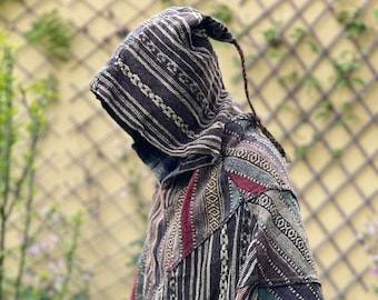 Large hooded poncho Gheri 1 >>> Patchwork stone washed >> JUNGLE - Festival clothing, Gypsy, Ethno style, Freak, Apocalypse