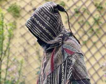 Großer Kapuzen Poncho Gheri 1 >>> Patchwork stone washed >> JUNGLE - Festival Kleidung, Gypsy, Ethno Style, Freak, Apocalypse