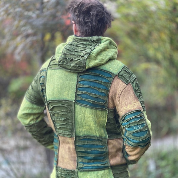 Patchwork Jacke - ATOM Knit  >> Männer Razor-Cut Jacke + Kapuze + Fleecefutter >> M/L/XL in 2 Naturfarben, JUNGLE, Endzeit Freak Apocalypse