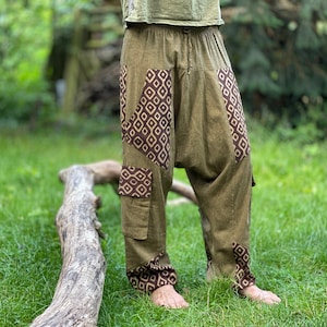 Lightweight Alibaba pants for men &gt;&gt;&gt; Block print in natural colors &gt;&gt; 2 color combinations, JUNGLE, festival clothing, Goa, Psytrance, Freak, harem pants