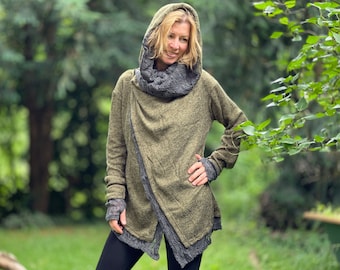 CARDIGAN large hood, two-layer, mesh fabric with thumbholes, asymmetrical wrap jacket >> 3 colors >> JUNGLE