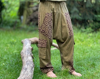 Lightweight Alibaba pants for men >>> Block print in natural colors >> 2 color combinations, JUNGLE, festival clothing, Goa, Psytrance, Freak, harem pants