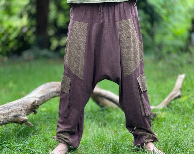 light Alibaba pants for men >>> thin cotton, natural colors + print, 2 color combinations >> JUNGLE, Goa, Psy Trance, Festival Clothing, Freak