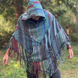 Grand poncho à capuche Gheri 1 Patchwork stone lavé JUNGLE vêtement festival, gypsy, style ethnique, freak, apocalypse image 7