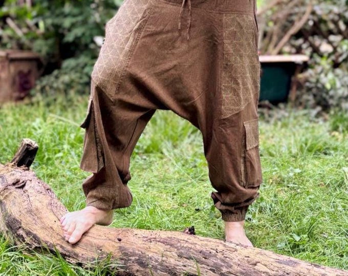 Lightweight Alibaba trousers for men >>> thin cotton, natural colors + print, 2 color combinations >> JUNGLE, Goa, Psy Trance, Festival Clothing, Freak