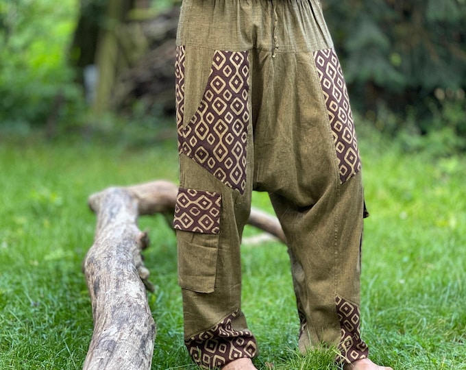 Lightweight Alibaba pants for men >>> Block print in natural colors >> 2 color combinations, JUNGLE, festival clothing, Goa, Psytrance, Freak, harem pants