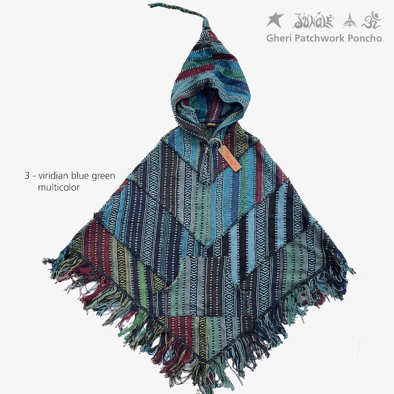 Grand poncho à capuche Gheri 1 Patchwork stone lavé JUNGLE vêtement festival, gypsy, style ethnique, freak, apocalypse viridian blue multic