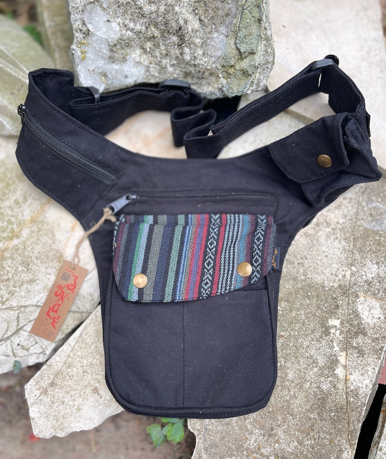 Belt bag halter bag BILLIE black, olive, brown with ethnic detail spacious halter belt JUNGLE Goa bum bag black / gheri flap
