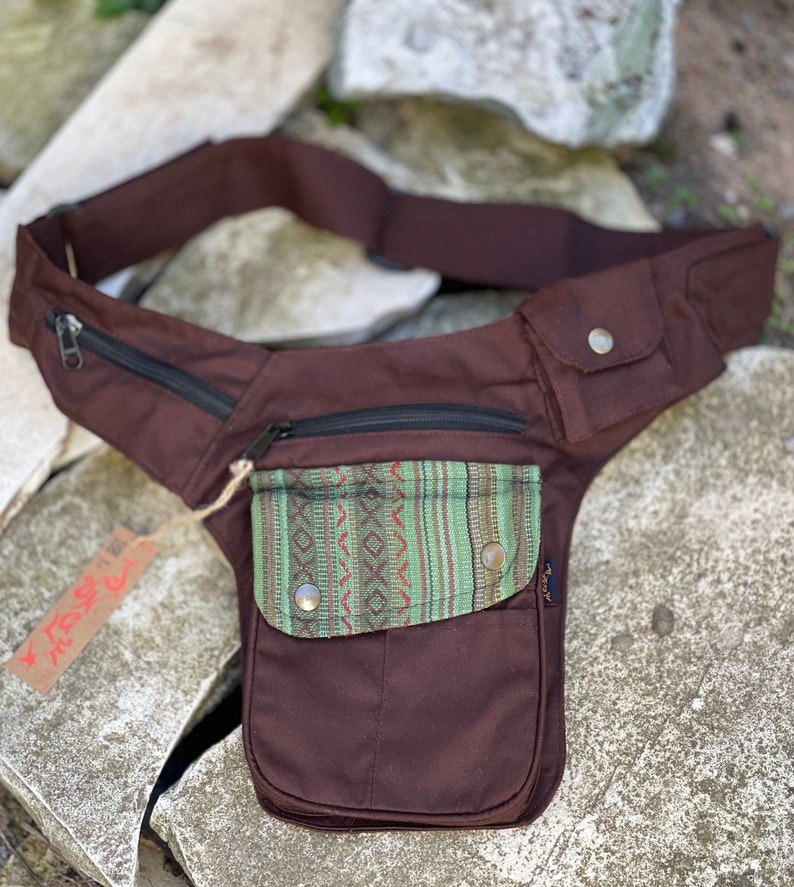 Belt bag halter bag BILLIE black, olive, brown with ethnic detail spacious halter belt JUNGLE Goa bum bag brown / gheri flap