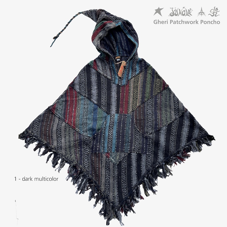 Grand poncho à capuche Gheri 1 Patchwork stone lavé JUNGLE vêtement festival, gypsy, style ethnique, freak, apocalypse dark multicolor