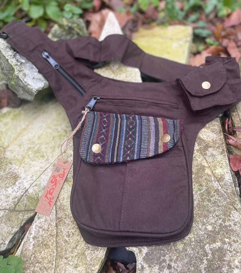 Belt bag halter bag BILLIE black, olive, brown with ethnic detail spacious halter belt JUNGLE Goa bum bag brown /gheri flap 2