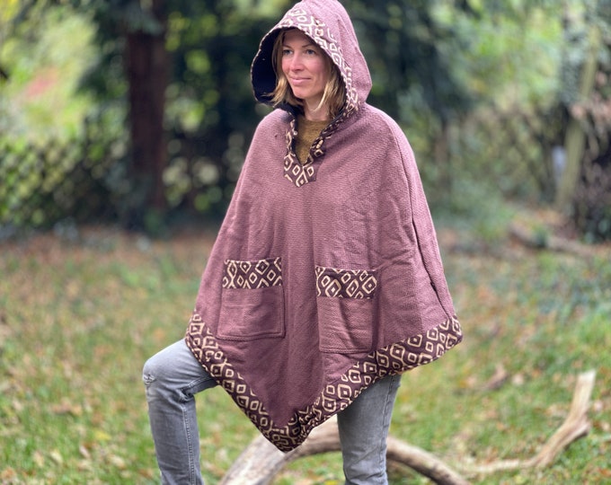 Large warm hooded poncho with fleece lining and block print >>> 2 colors >> JUNGLE >> FestivalEthnoGypsyFreak