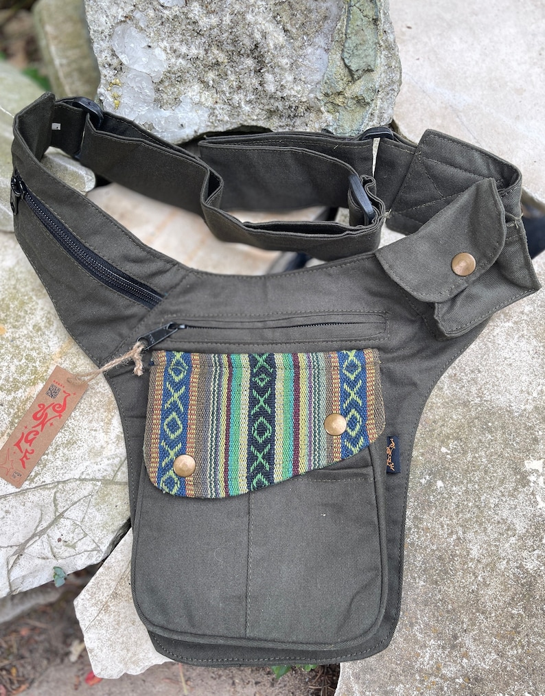 Belt bag halter bag BILLIE black, olive, brown with ethnic detail spacious halter belt JUNGLE Goa bum bag forest / gheri flap
