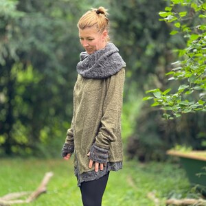 CARDIGAN große Kapuze, zweilagig, Netzstoff mit Daumenlöchern, asymetrische Wickeljacke 3 Farben JUNGLE zdjęcie 3