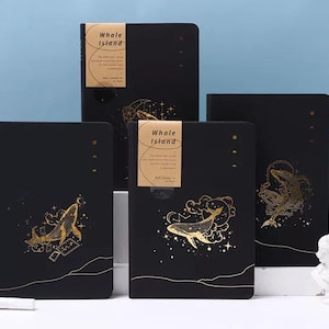 Golden Whale notebooks, black pages, stationery, journal, black sheets, black paper, black journal, golden, student, office, drawing, art