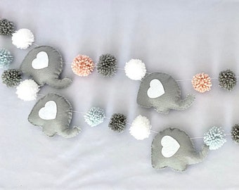 Elephant and Pompom Nursery Garland, Gray Felt Decor