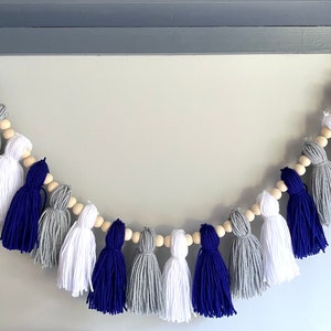 Navy Blue and Gray Tassel Garland, Baby Boy Nursery Tassel Wall Hanging, Nautical Bedroom Wall Decor