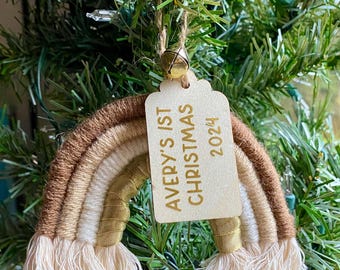 Personalized Neutral Rainbow Baby&#39;s Christmas Ornament, Macrame Rainbow Christmas Ornament for Kids, Gold Christmas Decor, Handmade