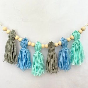 Yarn Tassel Garland for Baby Boy Nursery, Bright Nursery Tassel Garland, Boy Baby Shower Decor, Mint Green and Blue Nursery Wall Hanging
