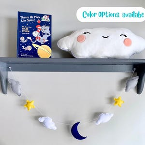 Felt Navy Moon and Stars Garland, Boy Space Nursery Wall Decor, Gray & White Felt Cloud Bunting, Cloud Felted Garland, Nursery Wall Garland