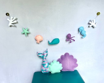 Ocean Nursery Wall Decor for Girl, Felt Ocean Animal Garland, Under the Sea Nursery Garland, Felt Seashell Nursery Garland, Baby Wall Decor