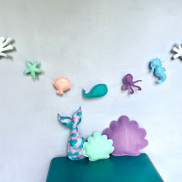 Ocean Nursery Wall Decor for Girl, Felt Ocean Animal Garland, Under the Sea Nursery Garland, Felt Seashell Nursery Garland, Baby Wall Decor